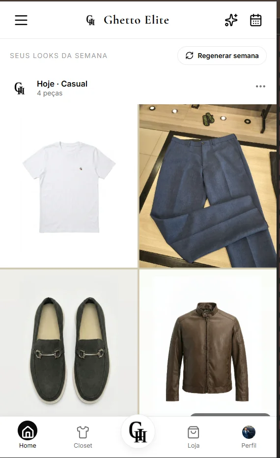 Tela inicial do Ghetto Elite mostrando o look sugerido da semana